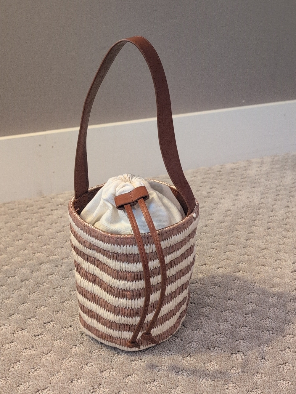 Ann Taylor Raffia, Leather Striped Bucket Bag drawstring Closure